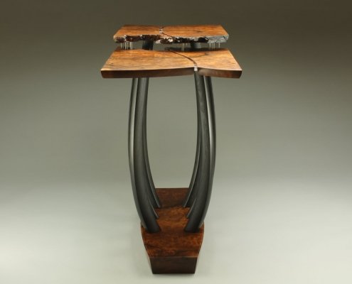 sideview of table, is 29″ x 37″ x 16″ materials: redwood burl, reclaimed ebonized mulberry