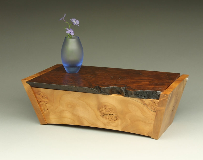 heirlook box with a vase on top, 13″ x 7″ x 4″ materials: unknown burl, blistered big leaf maple