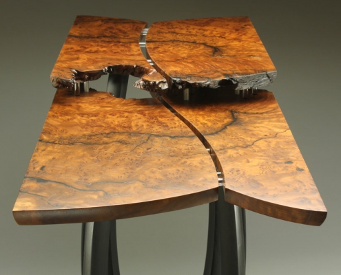 top view of table, is 29″ x 37″ x 16″ materials: redwood burl, reclaimed ebonized mulberry
