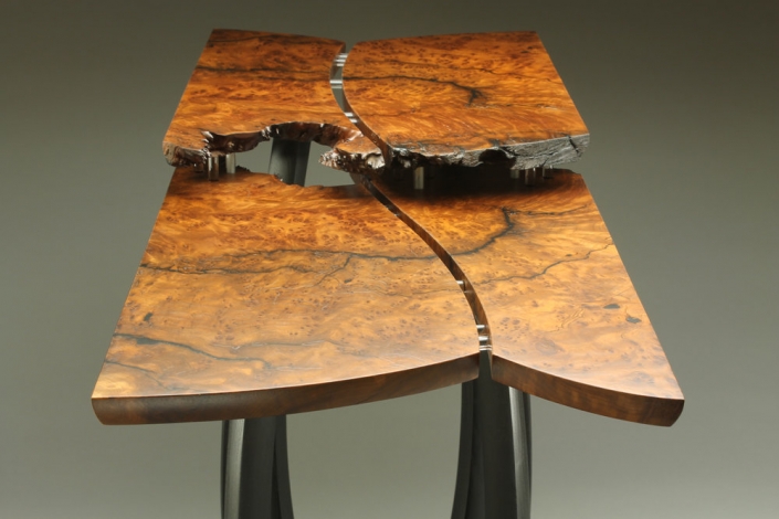 top view of table, is 29″ x 37″ x 16″ materials: redwood burl, reclaimed ebonized mulberry