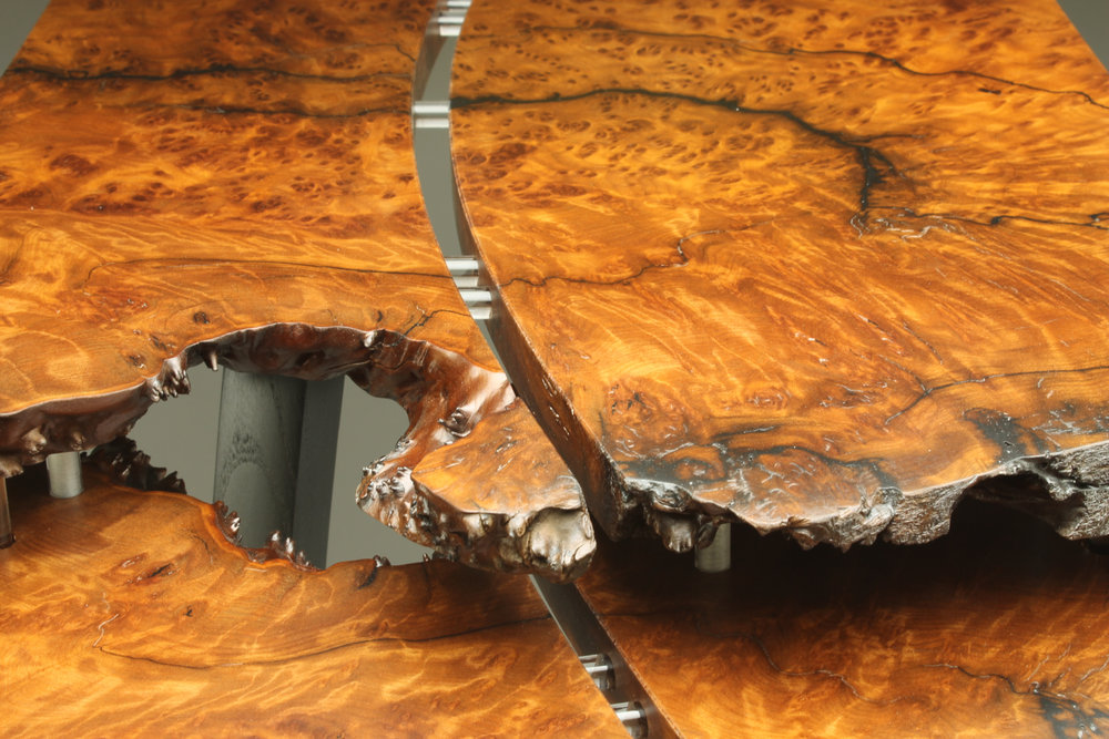 detailed view of table, is 29″ x 37″ x 16″ materials: redwood burl, reclaimed ebonized mulberry