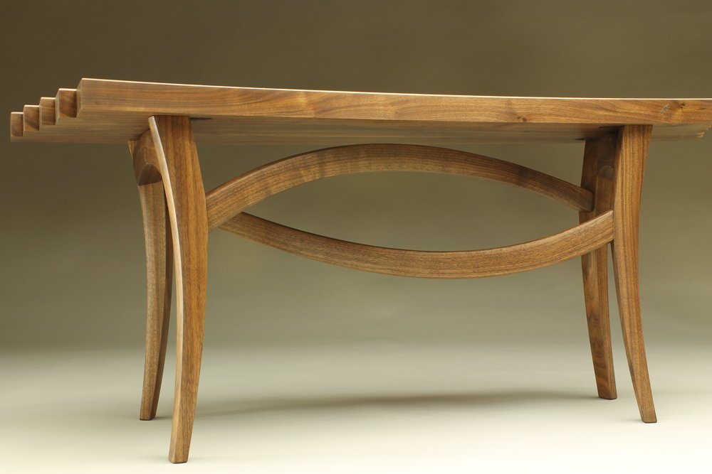 underside view, custom helix bench made of walnut wood