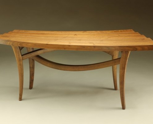 back view, custom helix bench made of walnut wood